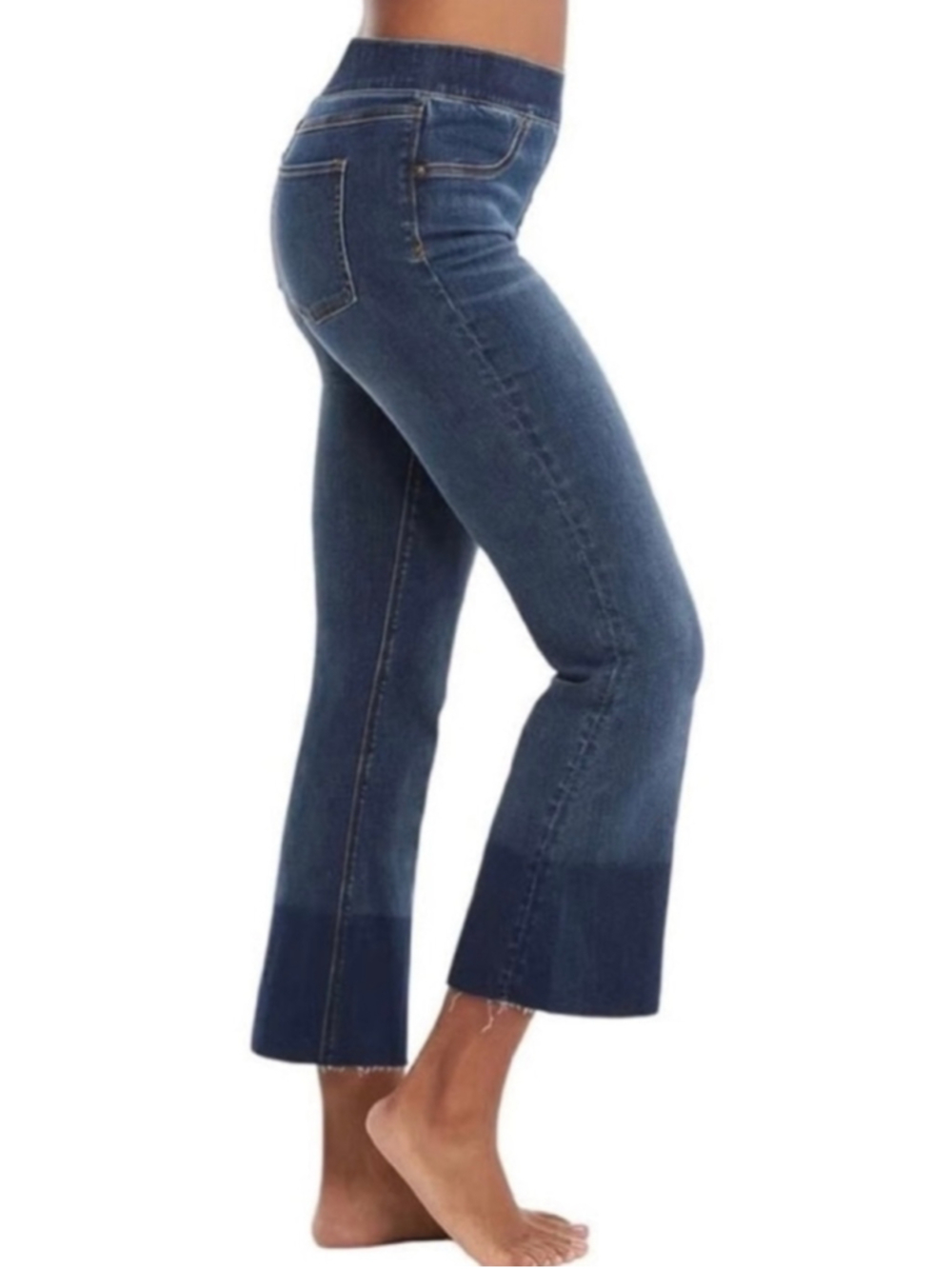 Spanx 20231R Cropped Flare Denim Jeans Medium Wash XL Raw Hem 2 Tone